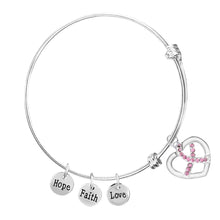 Load image into Gallery viewer, Breast Cancer Crystal Ribbon Retractable Charm Bracelets - Fundraising For A Cause