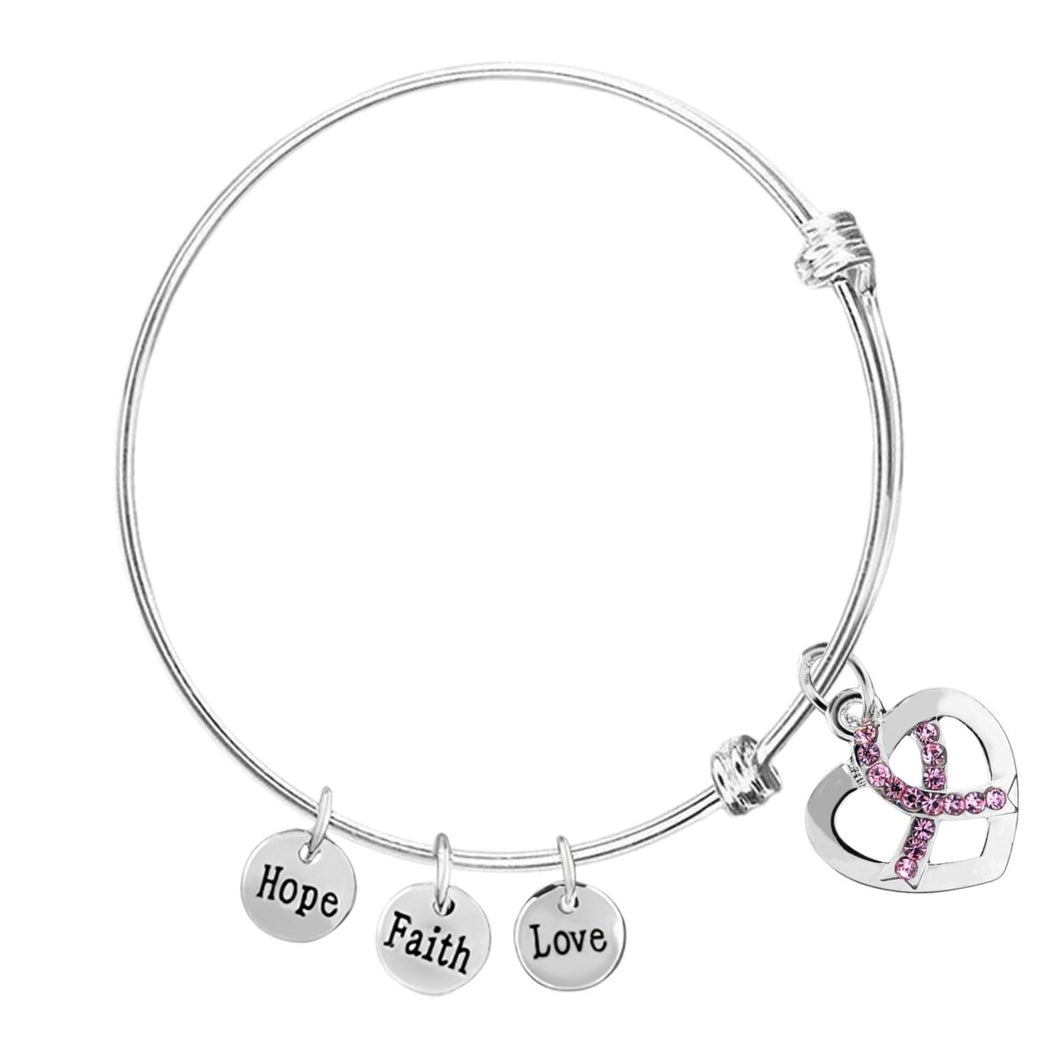 Breast Cancer Crystal Ribbon Retractable Charm Bracelets - Fundraising For A Cause