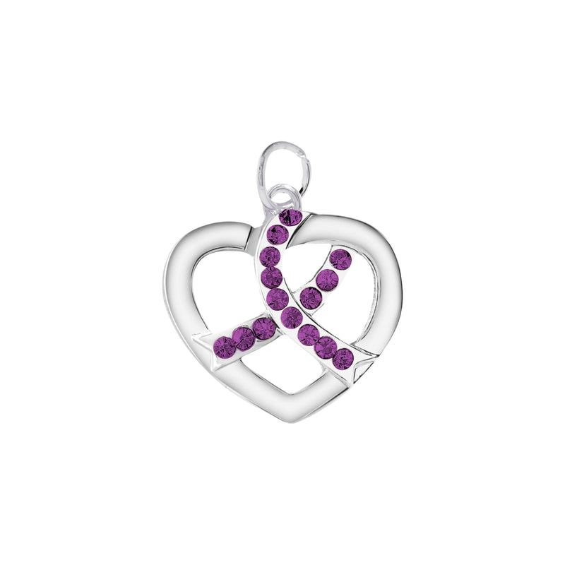 Silver Heart Crystal Purple Ribbon Charms