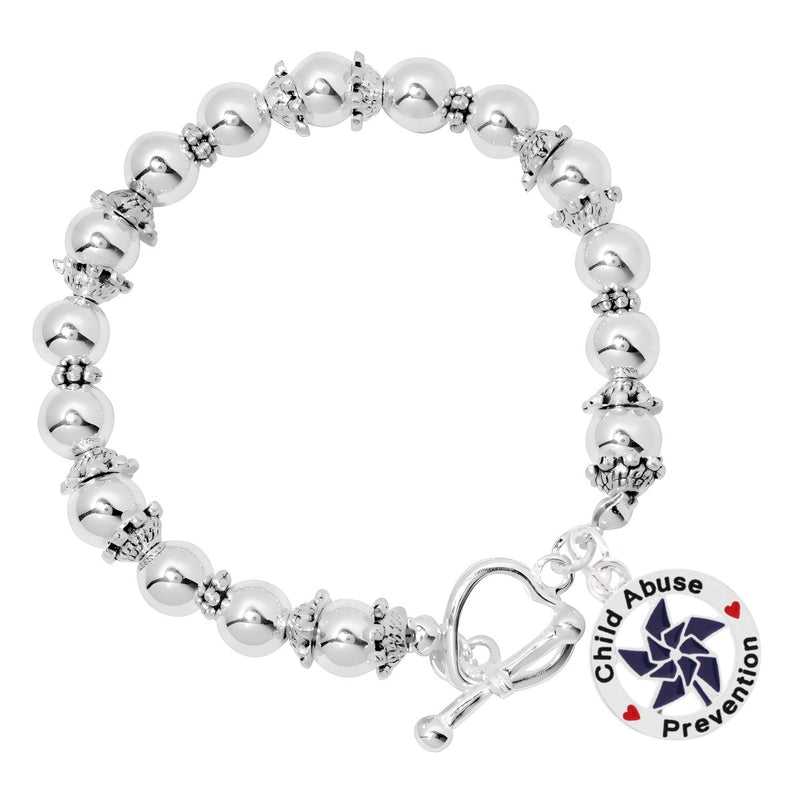 Child Abuse Prevention Blue Pinwheel Charm Silver Beaded Bracelets - Fundraising For A Cause