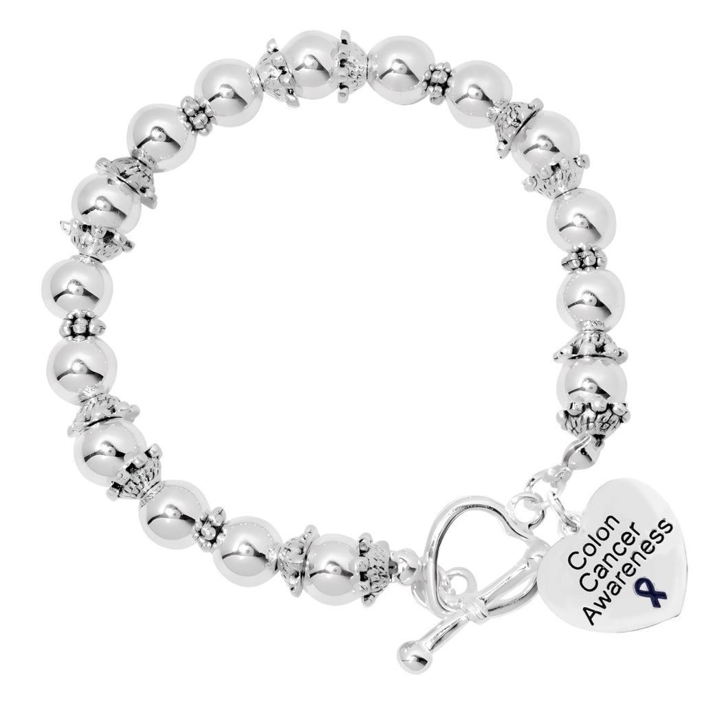 Colon Cancer Heart Charm Blue Ribbon Beaded Bracelets - Fundraising For A Cause