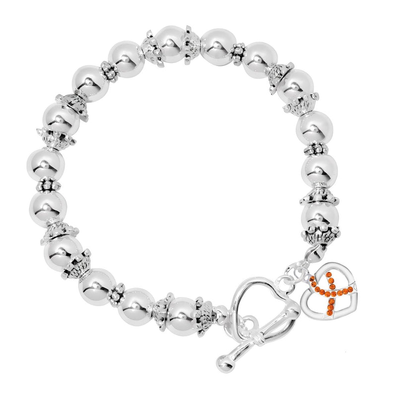 Crystal Heart Orange Ribbon Charm Silver Beaded Bracelets - Fundraising For A Cause