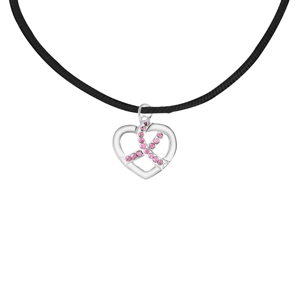 Crystal Heart Pink Ribbon Leather Cord Necklaces - Fundraising For A Cause