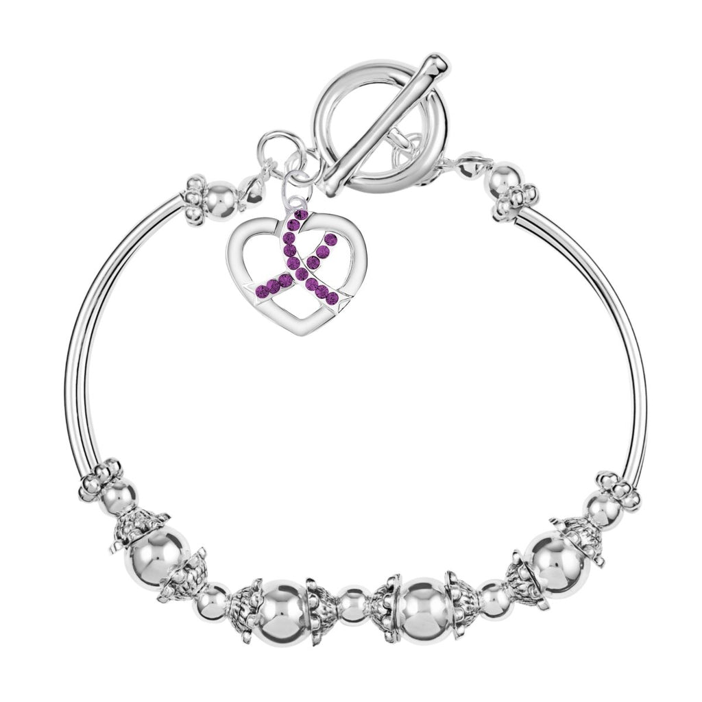 Crystal Heart Purple Ribbon Charm Partial Beaded Bracelets - Fundraising For A Cause