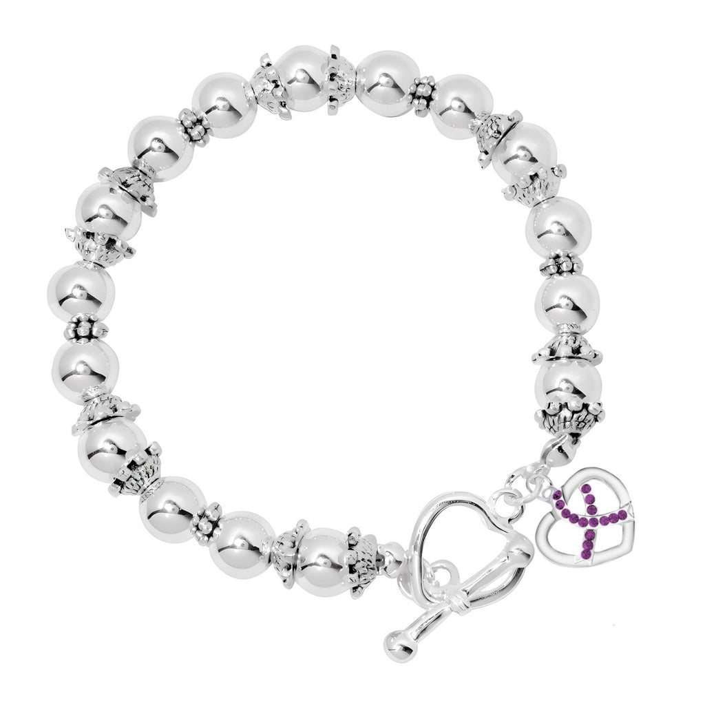 Crystal Heart Purple Ribbon Charm Silver Beaded Bracelets - Fundraising For A Cause