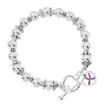 Load image into Gallery viewer, Crystal Heart Purple Ribbon Charm Silver Beaded Bracelets - Fundraising For A Cause