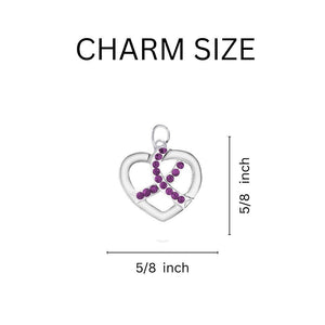 Crystal Heart Purple Ribbon Charm Silver Beaded Bracelets - Fundraising For A Cause