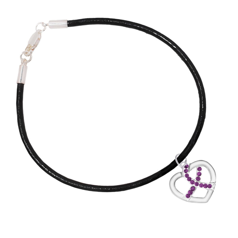 Crystal Heart Purple Ribbon Leather Cord Bracelets - Fundraising For A Cause