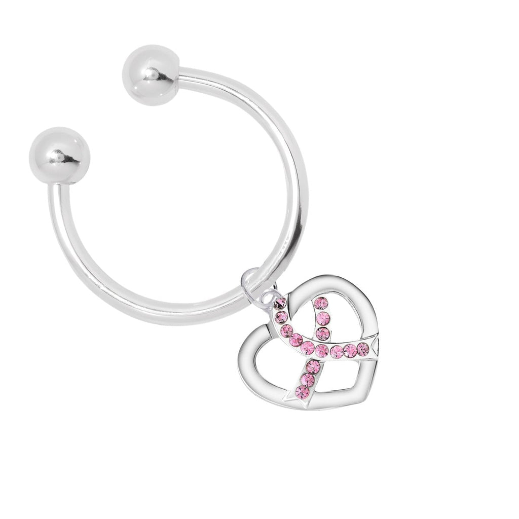 Crystal Pink Ribbon Silver Heart Horseshoe Style Keychain - Fundraising For A Cause