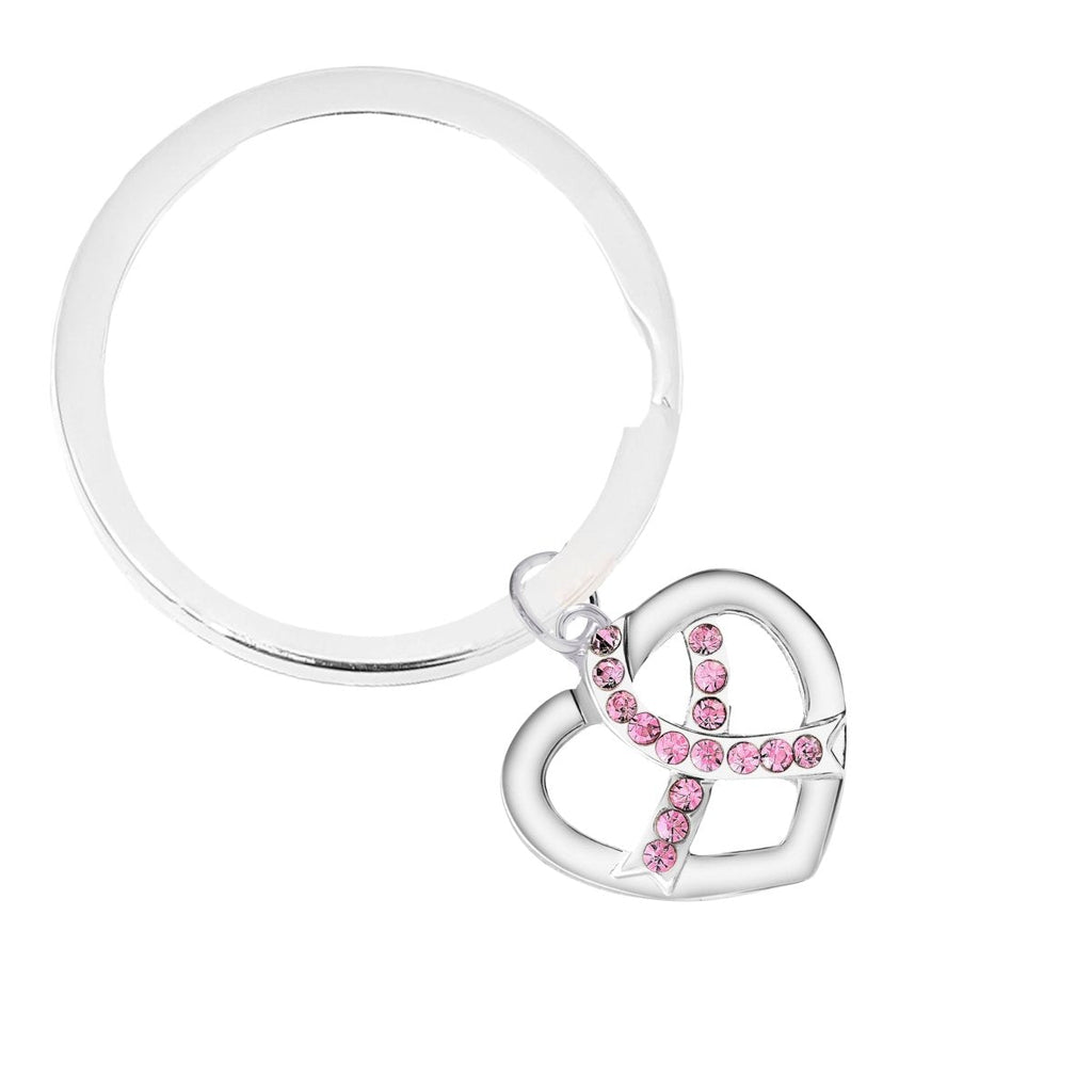 Crystal Pink Ribbon Silver Heart Split Style Keychains - Fundraising For A Cause