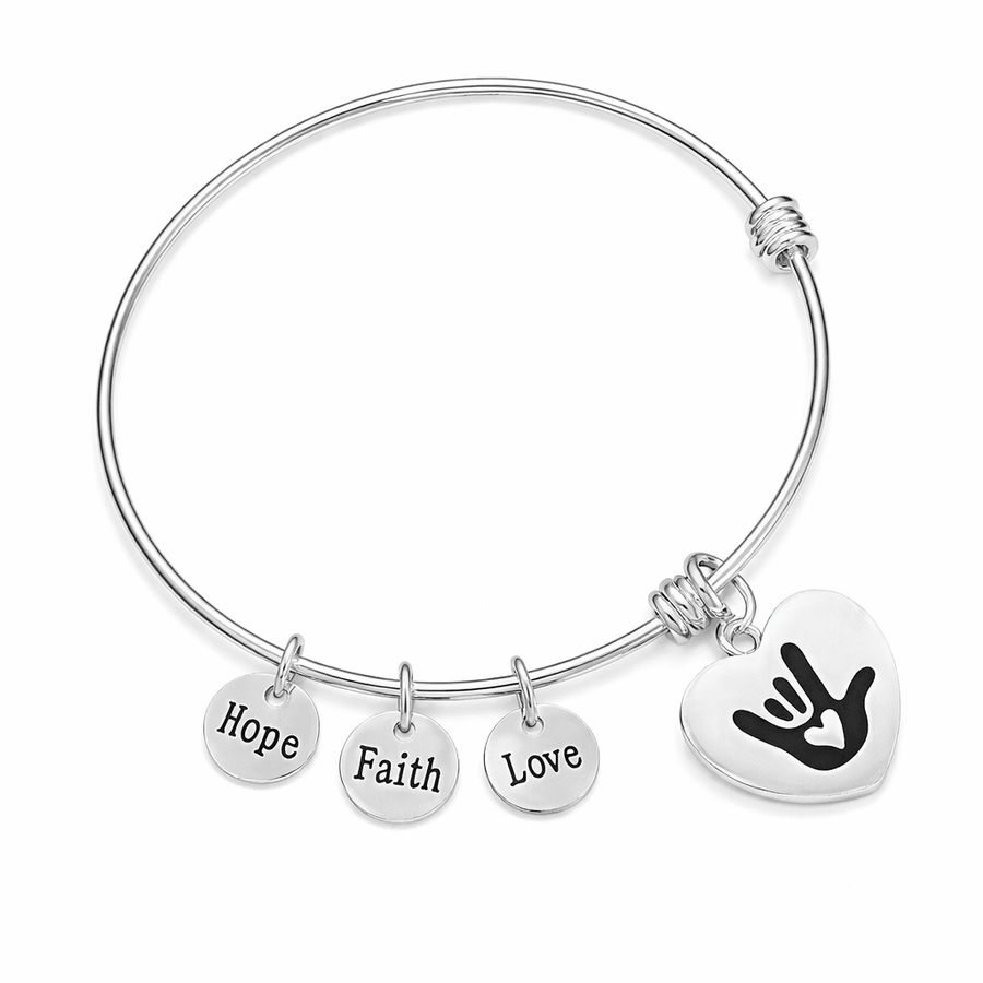 Deaf Awareness I Love You Sign Language Symbol Retractable Heart Charm Bracelets