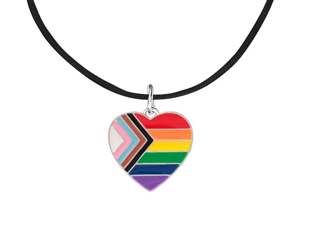 Daniel Quasar "Progress Pride" Heart Flag Charm on Black Cord Necklaces - Fundraising For A Cause