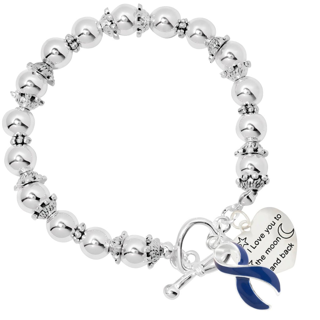 Dark Blue Ribbon To The Moon And Back Heart Charm Silver Beaded Bracelets - Fundraising For A Cause