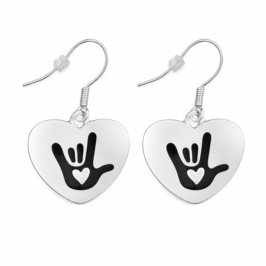 Deaf Awareness I Love You Sign Language Symbol Heart Charm Earrings