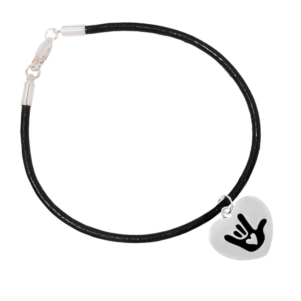 Deaf I Love You Sign Heart Charm Black Cord Bracelets - Fundraising For A Cause