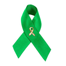 Load image into Gallery viewer, Green Satin Liver Cancer Awareness Ribbon Pins - 50 Pack