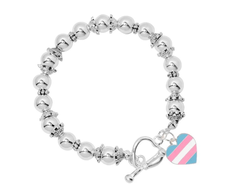 Heart Shaped Transgender Flag Silver Beaded Charm Bracelets - Fundraising For A Cause