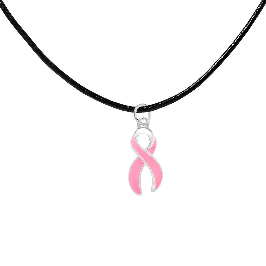 Large Pink Ribbon Leather Cord Necklaces - Fundraising For A Cause