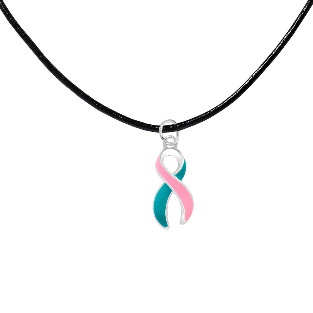 Large Pink & Teal Ribbon Awareness Black Cord Necklace - Fundraising For A Cause