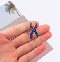 Load image into Gallery viewer, Large Teal &amp; Purple Ribbon Pins - Fundraising For A Cause