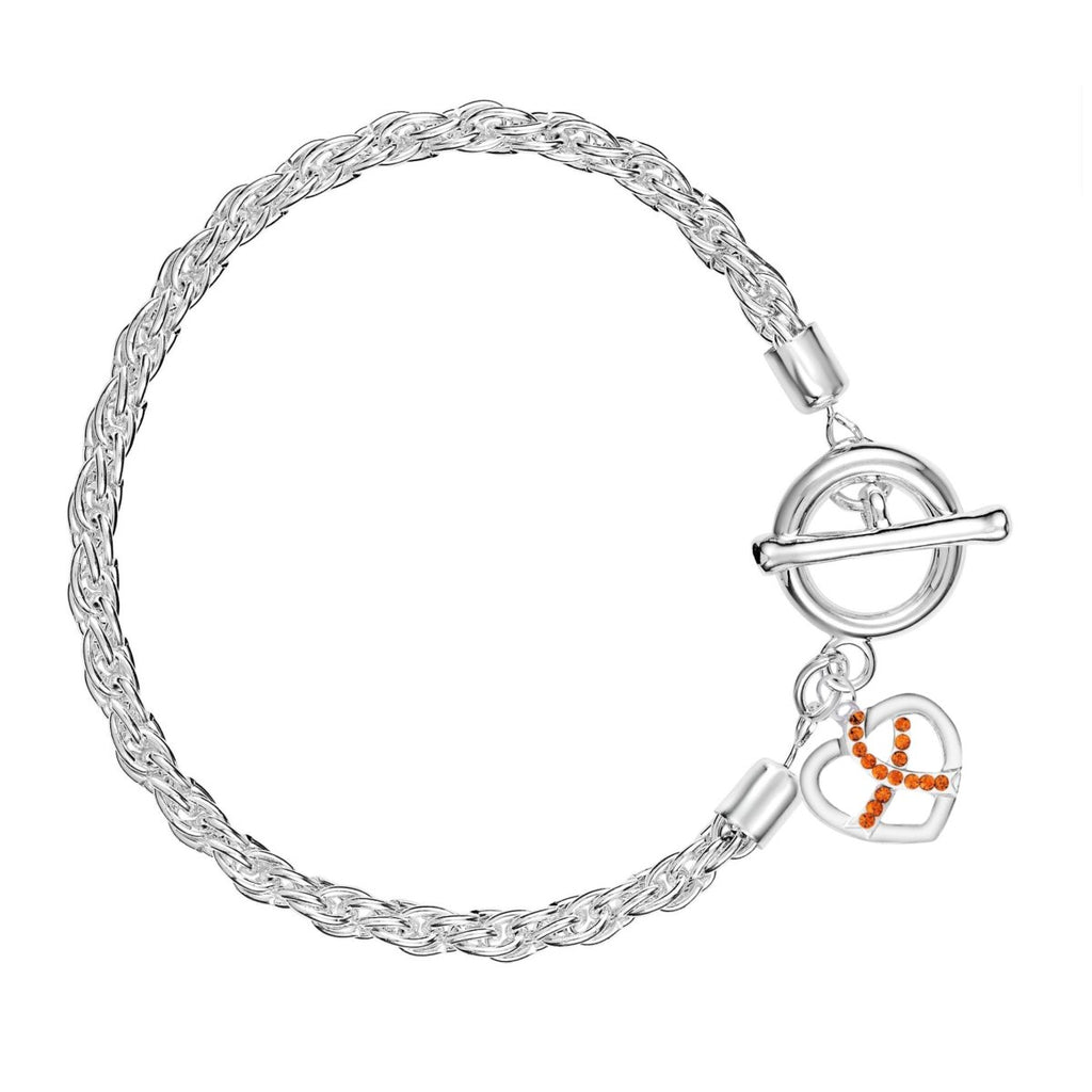 Orange Crystal Ribbon Heart Awareness Silver Rope Bracelets - Fundraising For A Cause