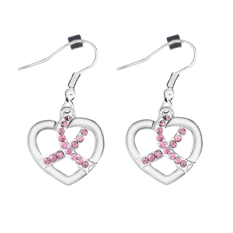 Pink Ribbon Crystal Heart Hanging Earrings - Fundraising For A Cause