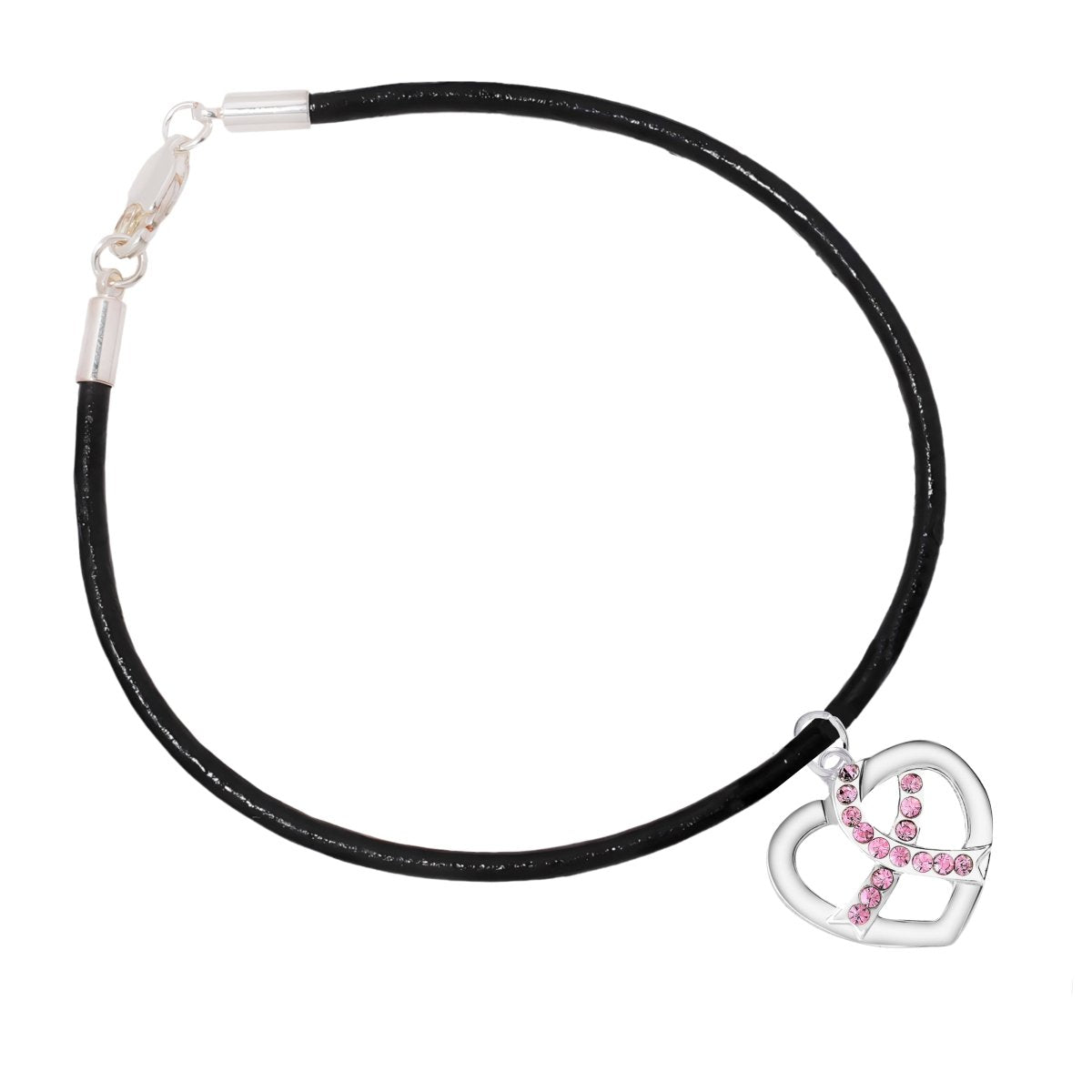 Pink Ribbon Crystal Heart Leather Cord Bracelets - Fundraising For A Cause