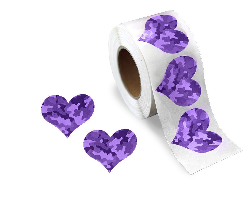 Purple Camouflage Heart Stickers (250/Roll) - Fundraising For A Cause