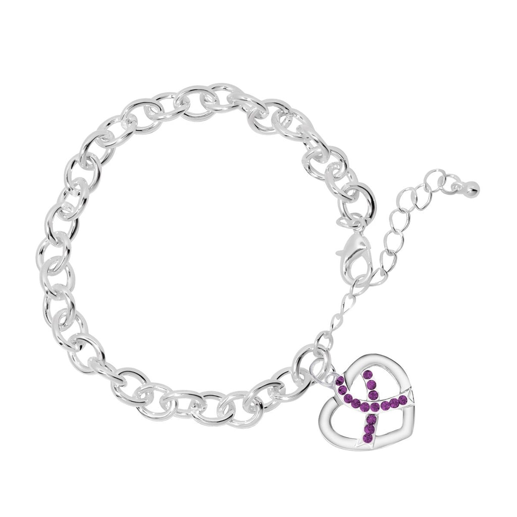 Purple Crystal Heart Ribbon Chunky Charm Bracelets - Fundraising For A Cause