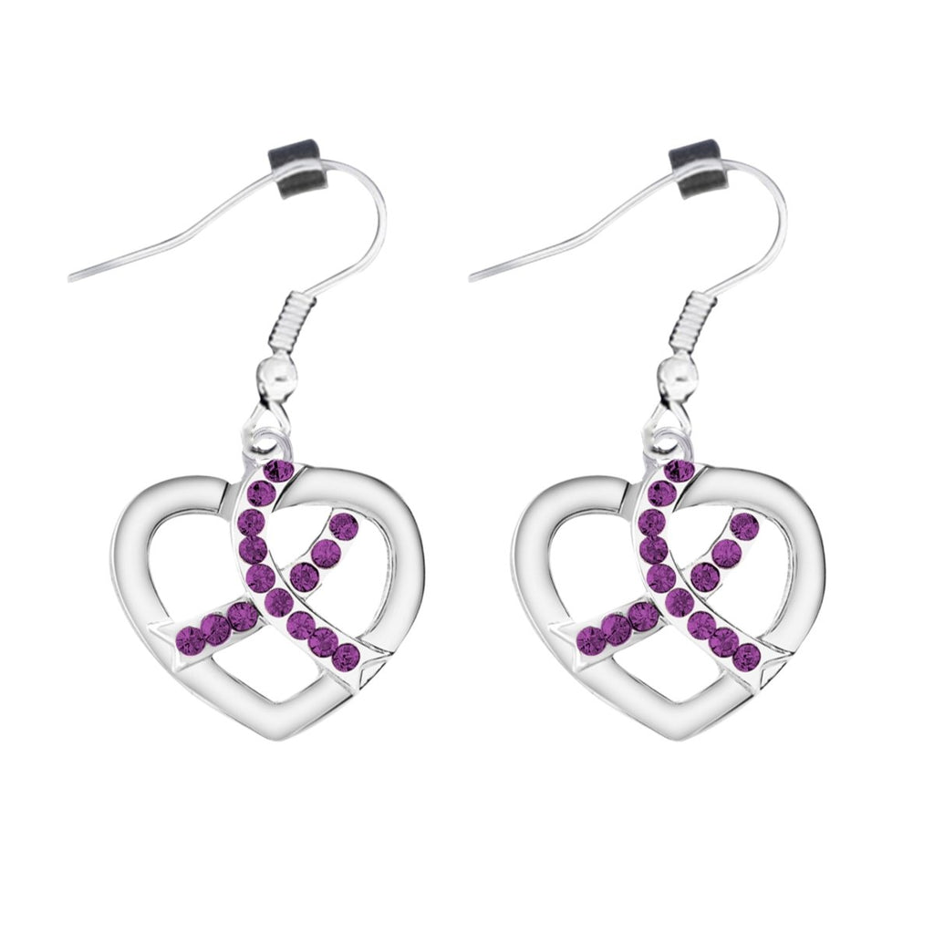 Purple Ribbon Crystal Heart Hanging Earrings - Fundraising For A Cause