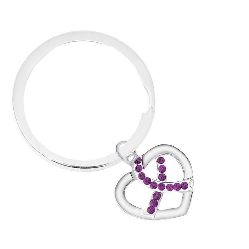 Purple Ribbon Crystal Heart Split Style Keychain Ring - Fundraising For A Cause