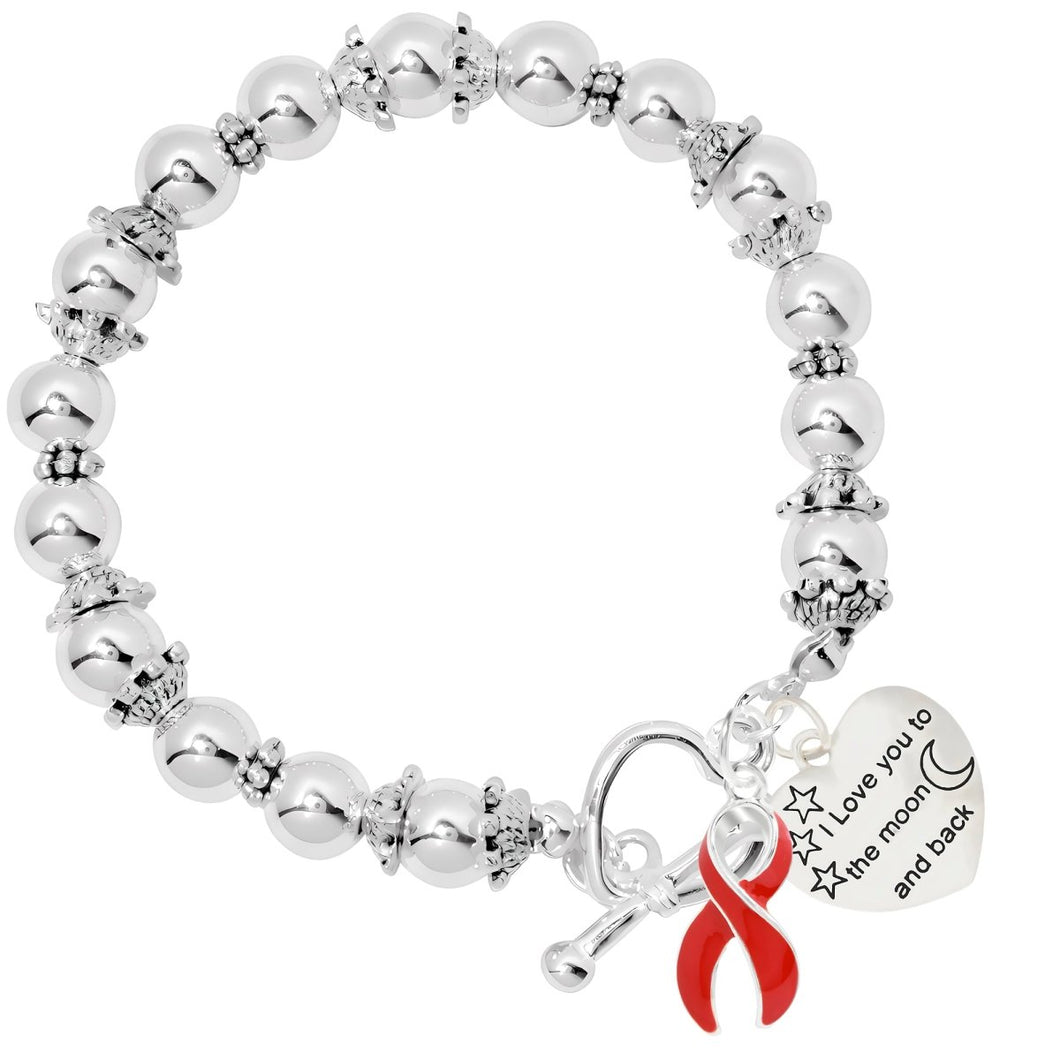 red Ribbon To the Moon and Back Heart Charm Silver Beaded Bracelets - Fundraising For A Cause