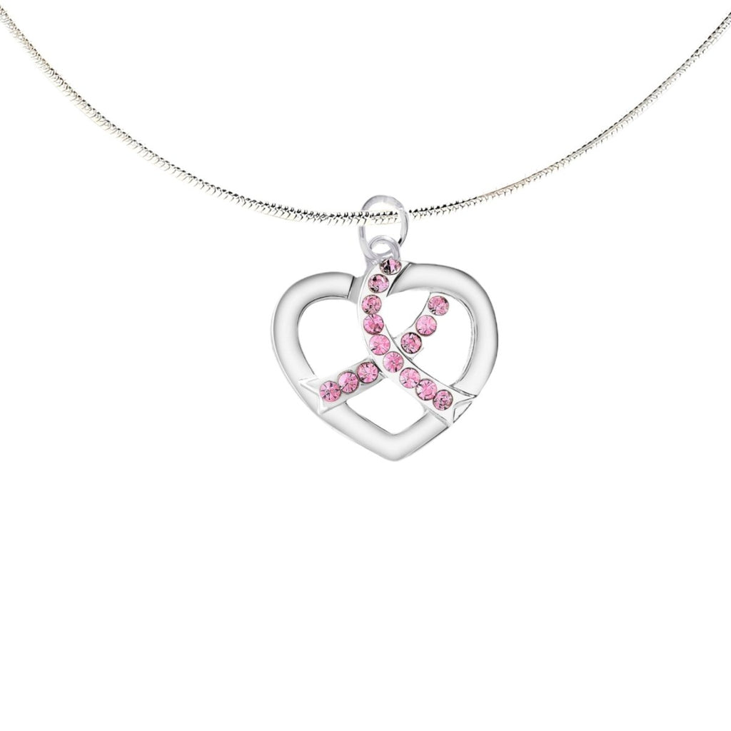 Silver Heart Crystal Pink Ribbon Necklaces - Fundraising For A Cause