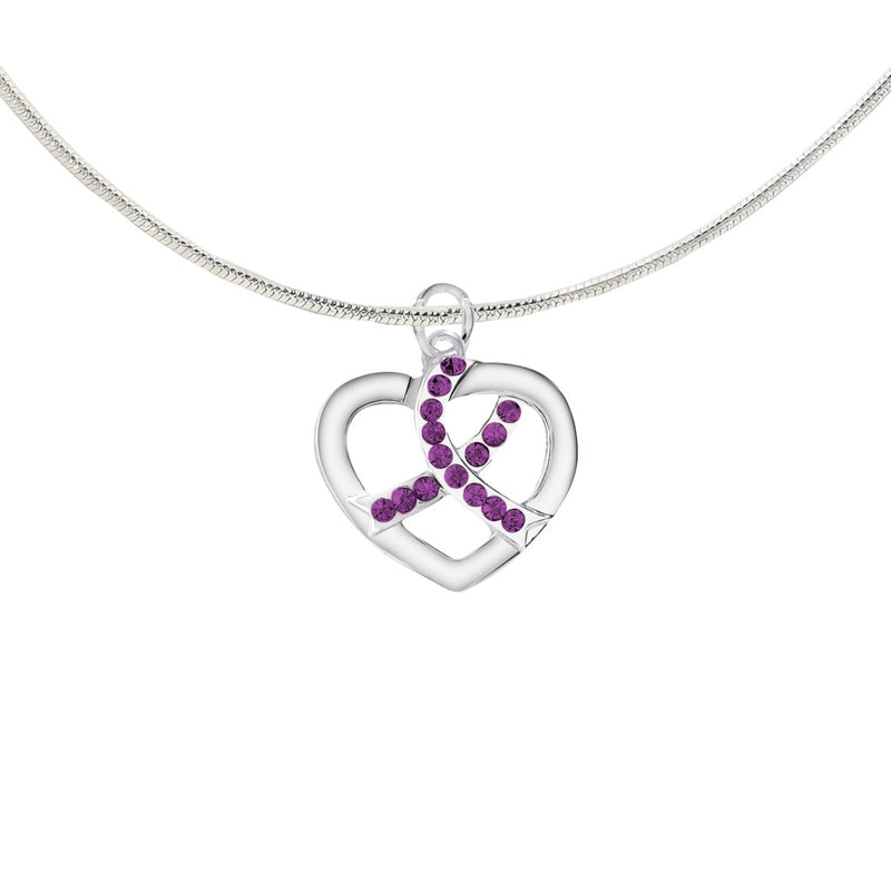 Silver Heart Crystal Purple Ribbon Necklaces - Fundraising For A Cause