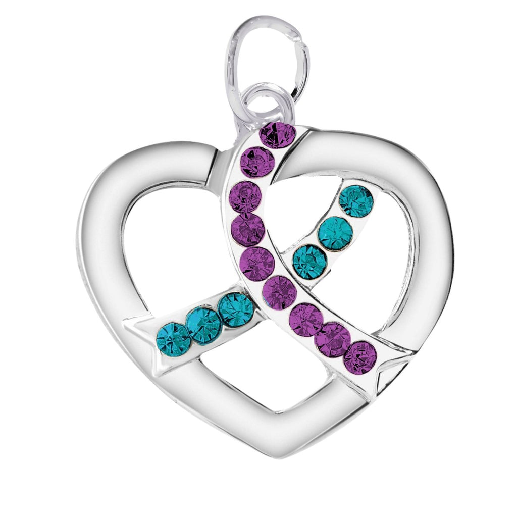 Silver Heart Crystal Teal & Purple Ribbon Charms - Fundraising For A Cause