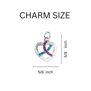 Silver Heart Crystal Teal & Purple Ribbon Charms - Fundraising For A Cause