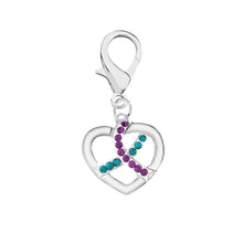 Load image into Gallery viewer, Silver Heart Crystal Teal &amp; Purple Ribbon Hanging Charms - Fundraising For A Cause