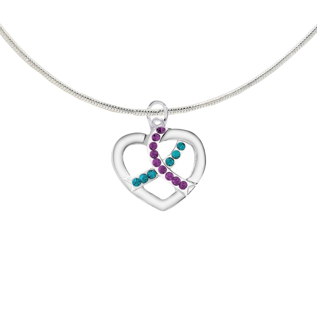 Silver Heart Crystal Teal & Purple Ribbon Necklaces - Fundraising For A Cause