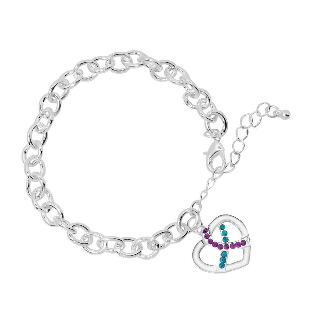 Teal & Purple Crystal Heart Charm Chunky Bracelets - Fundraising For A Cause