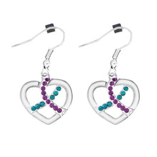 Load image into Gallery viewer, Teal &amp; Purple Ribbon Crystal Heart Hanging Earrings - Fundraising For A Cause