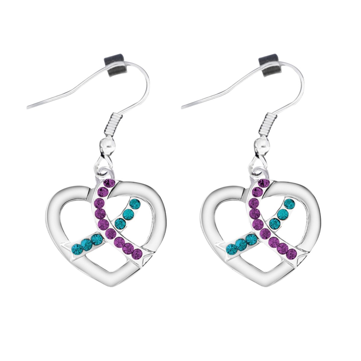 Teal & Purple Ribbon Crystal Heart Hanging Earrings - Fundraising For A Cause