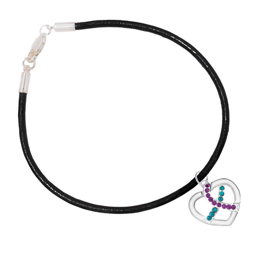 Teal & Purple Ribbon Crystal Heart Leather Cord Bracelets - Fundraising For A Cause