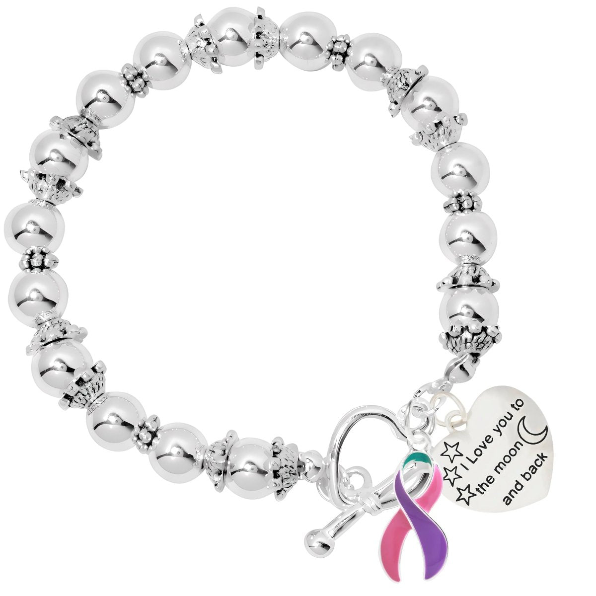 Thyroid Cancer Love You To The Moon And Back Silver Beaded Bracelets - Fundraising For A Cause