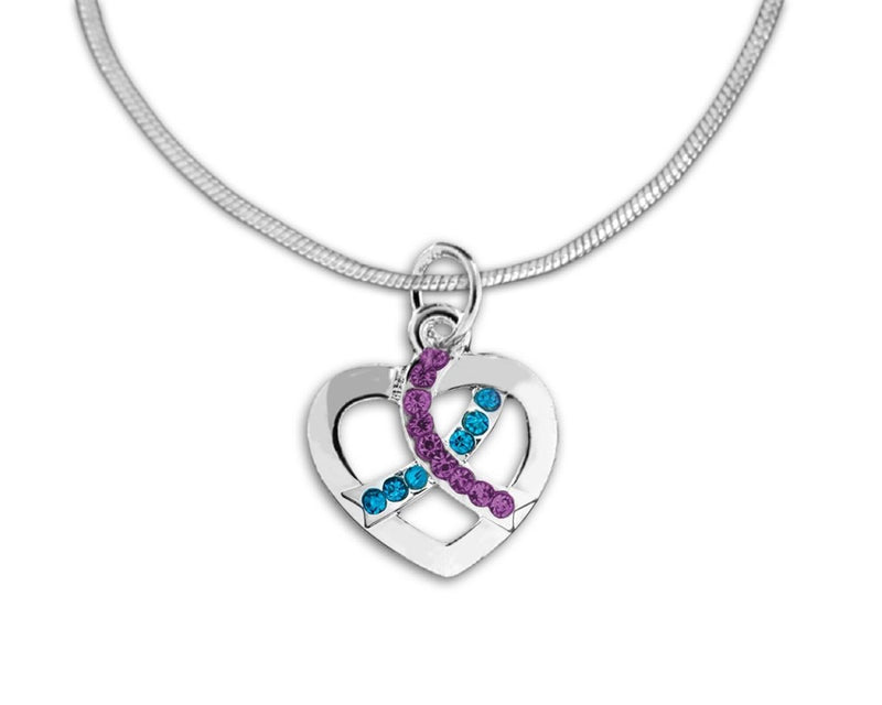 Silver Heart Crystal Teal & Purple Ribbon Necklaces - Fundraising For A Cause