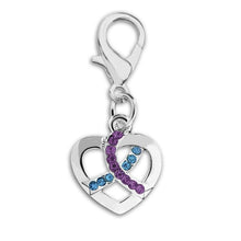 Load image into Gallery viewer, Silver Heart Crystal Teal &amp; Purple Ribbon Hanging Charms - Fundraising For A Cause
