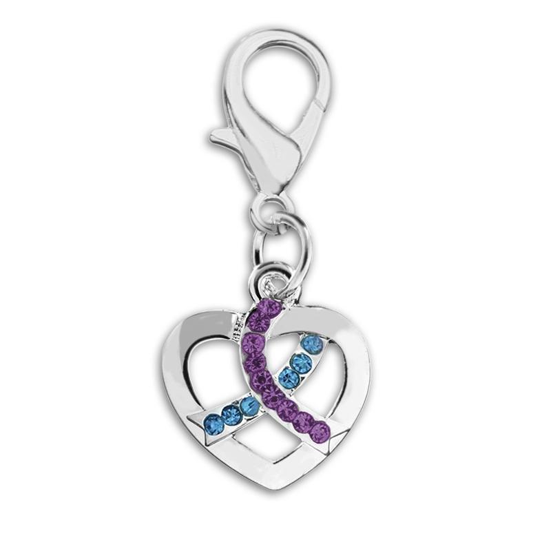 Silver Heart Crystal Teal & Purple Ribbon Hanging Charms - Fundraising For A Cause