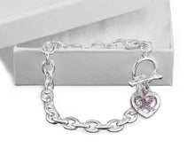 Load image into Gallery viewer, Silver Heart Crystal Pink Ribbon Chunky Charm Bracelets - Fundraising For A Cause