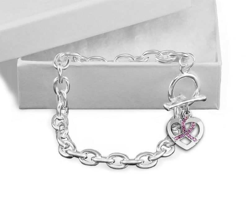 Silver Heart Crystal Pink Ribbon Chunky Charm Bracelets - Fundraising For A Cause