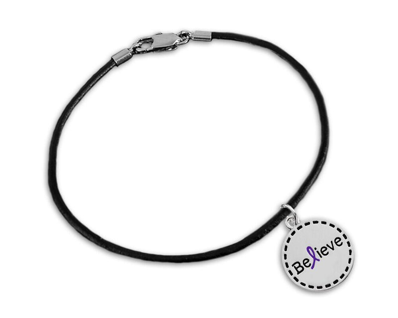 Round Believe Purple Ribbon Leather Cord Bracelets - Fundraising For A Cause