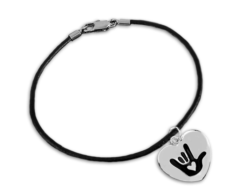 Black Cord Deaf Awareness Heart Charm Bracelets - Fundraising For A Cause